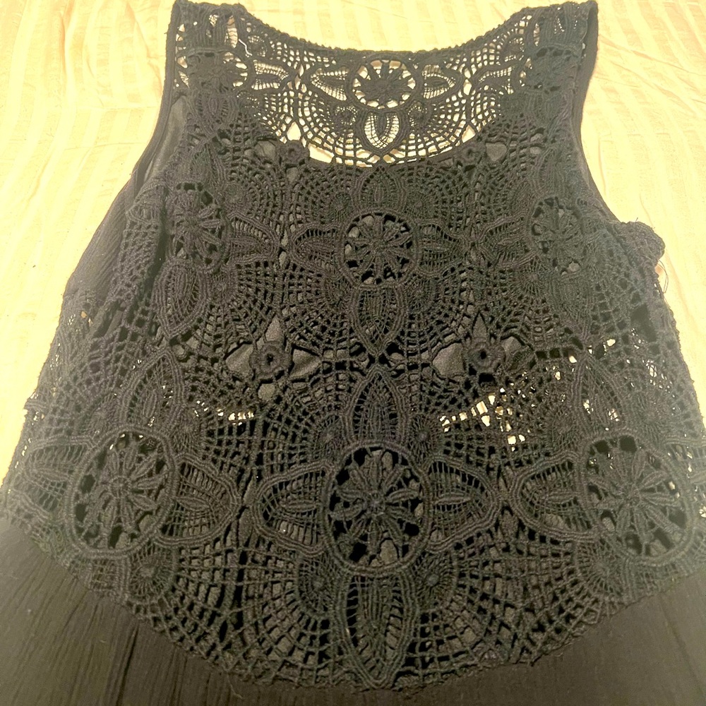 Black Hi/low dress with crocheted back and crocheted cut out sides